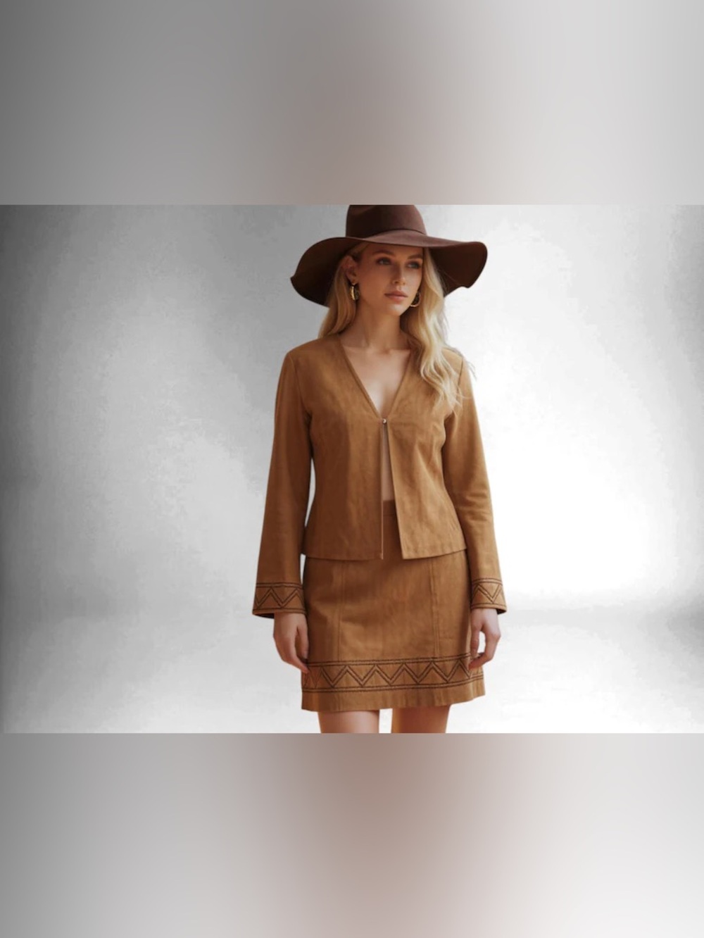 Cache Tan Suede Jacket and Skirt Set